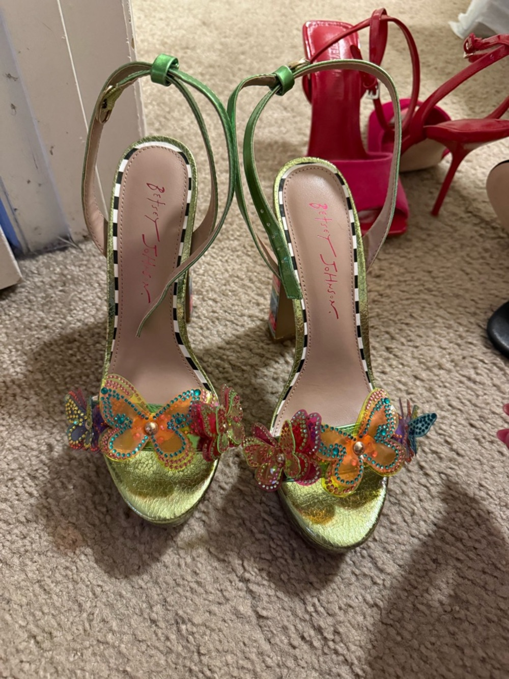 Betsey Johnson Metallic Green Butterfly Strap Heels - like new